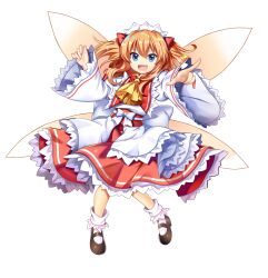  1girl :d ascot dress highres long_sleeves looking_at_viewer non-web_source simple_background smile solo sunny_milk touhou touhou_lostword white_background white_dress wide_sleeves yellow_ascot 