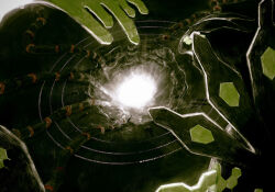  candle_(allotas) commentary dark from_behind glowing green_eyes highres hole multicolored_eyes no_humans pokemon pokemon_(creature) pokemon_legends:_z-a solo underlighting white_eyes zygarde zygarde_(50) 