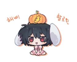  1girl :3 animal_ears black_hair carrot_necklace chibi chibi_only dress floppy_ears full_body halloween inaba_tewi jack-o&#039;-lantern jewelry kiwi_(x_x915) korean_commentary korean_text looking_at_viewer lowres necklace open_mouth pink_dress pumpkin rabbit_ears rabbit_girl red_eyes short_hair simple_background sitting solo touhou translation_request white_background 