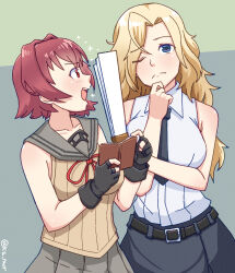  2girls absurdres belt black_belt black_gloves black_necktie blonde_hair blue_eyes book brown_sweater collared_shirt dress_shirt fingerless_gloves gloves grey_sailor_collar grey_skirt hair_intakes hand_fan hand_on_own_chin harisen highres hornet_(kancolle) kantai_collection kinu_(kancolle) kinu_kai_ni_(kancolle) long_hair multiple_girls necktie nwr pencil_skirt red_eyes red_hair sailor_collar school_uniform serafuku shirt short_hair skirt sleeveless sleeveless_shirt sweater white_shirt 