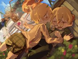  1boy 1girl bespectacled blonde_hair couple cup don_quixote_(project_moon) dutch_angle falling gagaeru0113 glasses green_jacket hat hetero highres iced_tea jacket limbus_company one_eye_closed open_mouth outdoors project_moon red_eyes short_hair shorts sinclair_(project_moon) sweat zwei_association_south_uniform 