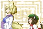  2girls animal_ears blonde_hair blush breasts brown_eyes brown_hair cat_ears cat_tail chen dress fang fox_ears fox_tail hands_in_sleeves jewelry juliet_sleeves kitsunetsu_(rcu_be1s) long_sleeves looking_at_another mob_cap multiple_girls multiple_tails no_hat open_mouth patterned_background puffy_sleeves short_hair side_glance single_earring smile tabard tail touhou vest yakumo_ran yellow_eyes 
