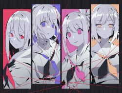  1other 25-ji_nightcord_de._(project_sekai) 3girls akiyama_mizuki alternate_eye_color asahina_mafuyu belt black_belt black_neckerchief breasts closed_mouth column_lineup commentary double-parted_bangs expressionless grid_lineup hair_between_eyes hair_ribbon high_ponytail hood hoodie limited_palette long_hair looking_at_viewer looking_to_the_side medium_breasts multicolored_neckerchief multiple_girls neckerchief open_mouth orange_eyes orange_neckerchief other_focus parted_lips partially_colored pink_eyes pink_neckerchief ponytail project_sekai purple_neckerchief red_eyes red_neckerchief ribbon sailor_collar shinonome_ena short_hair side_ponytail smile spot_color string sweater_701 upper_body violet_eyes yoisaki_kanade 