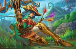  1girl absurdres armor armored_boots bandaged_arm bandaged_leg bandages belt blade_of_grass blue_hair boots breasts brick_wall brown_skirt cape chain commentary commission crack cracked_wall crossbow crossbow_bolt dang_(runescape) duellist's_cap_(tier_6) english_commentary fingerless_gloves flower full_body gem gladiator gloves glowing_hat gold_chain gold_trim grass greaves green_belt green_cape hat highres holding holding_crossbow holding_weapon leotard long_hair making-of_available medium_breasts old_school_runescape orange_eyes orange_gemstone original poleyn purple_gemstone ramzykamen red_gemstone red_leotard runescape second-party_source skirt smile solo sun_symbol thick_eyebrows treehouse weapon yellow_eyes 