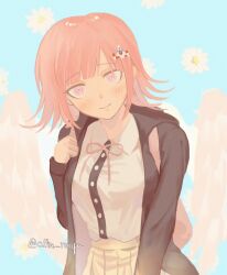  1girl blush breasts brown_hair brown_skirt collared_shirt danganronpa_(series) danganronpa_2:_goodbye_despair flipped_hair hair_ornament highres jacket kazzz long_sleeves looking_at_viewer medium_hair nanami_chiaki neck_ribbon open_clothes open_jacket pink_eyes pink_ribbon pleated_skirt ribbon shirt skirt smile solo two-tone_shirt white_shirt 