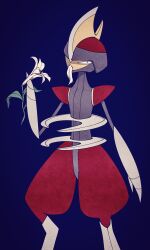  1other arm_blade arm_up bisharp blue_background eating_flower facing_to_the_side flower grey_helmet grey_trim helmet high_contrast highres holding holding_flower looking_at_viewer pokemon pokemon_(creature) pokemon_focus red_helmet red_trim shoulder_pads solo two-tone_helmet umi-be-to vignetting weapon white_flower white_petals 