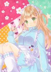  1girl abstract_background absurdres apron arm_support blonde_hair blue_jacket blue_skirt candy commentary_request double-parted_bangs food frilled_apron frills green_eyes hair_ornament hairclip hand_up heart heart_hair_ornament highres holding holding_candy holding_food holding_lollipop jacket jersey_maid kneehighs knees_up lollipop long_hair long_sleeves looking_at_viewer maid maid_headdress marker_(medium) nail_polish one_side_up original osumi_izumi parallel_hairclips parted_lips petticoat sitting skirt socks solo traditional_media turtleneck turtleneck_jacket unconventional_maid waist_apron white_apron white_socks wing_hair_ornament 