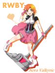  1girl aqua_eyes character_name cleavage_cutout copyright_name fingerless_gloves flipped_hair gloves hammer heart nora_valkyrie open_mouth orange_hair rwby simple_background siroirohituji smile 