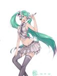  1girl 2013 belt cheng_pitang dated green_eyes green_hair hatsune_miku headphones highres long_hair microphone midriff necktie open_mouth simple_background skirt solo thighhighs twintails very_long_hair vocaloid white_background 