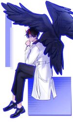  1boy black_hair black_shirt black_wings coat collared_shirt crossed_legs demon_horns feathered_wings from_side full_body hand_on_own_chin horns kim_dokja looking_at_viewer male_focus muzililsp official_alternate_costume omniscient_reader's_viewpoint open_clothes open_coat popped_collar shirt short_hair sitting solo white_coat wings 