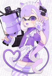  .52_gal_(splatoon) 1girl animal_ears animal_hands apron black_bow bow cat_ears cat_girl commentary_request fangs fingerless_gloves gloves grid_background hair_bow highres holding holding_weapon inkling inkling_girl inkling_player_character jacket kemonomimi_mode long_hair looking_at_viewer maid_apron maid_headdress open_mouth outline paw_gloves pointy_ears purple_hair purple_jacket purple_pupils purple_shorts purple_theme sabata_saba shorts smile solo splatoon_(series) splatoon_3 standing standing_on_one_leg striped_clothes striped_thighhighs tentacle_hair thigh-highs very_long_hair violet_eyes waving weapon white_background white_outline 