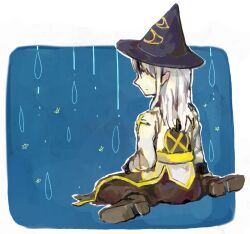  1girl 91s arch_bishop_(ragnarok_online) black_dress black_hat black_shoes blue_background closed_mouth commentary_request dress english_commentary expressionless eye_print full_body grey_hair hat long_hair looking_afar lowres pointy_ears ragnarok_online sash shoes sitting solo two-tone_dress wariza water_drop white_dress witch_hat yellow_sash 