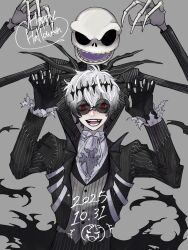  2boys black_crown crown diamond_hairband gloves highres jack_skellington jacket jackpool long_sleeves looking_at_viewer male_focus missing_tooth multiple_boys pinstripe_jacket pinstripe_pattern pinstripe_suit pinstripe_vest round_eyewear short_hair skeleton_print skully_j._graves smile striped_clothes striped_jacket striped_vest suit sunglasses the_nightmare_before_christmas twisted_wonderland vertical-striped_clothes vertical-striped_vest vest white_hair 