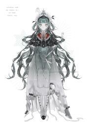  1girl absurdres blunt_bangs dress full_body green_hair grey_dress hair_ornament heilanshuimuchu highres long_hair long_sleeves looking_at_viewer original ribbon simple_background sleeves_past_fingers sleeves_past_wrists solo white_background yellow_eyes 