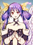  1girl asymmetrical_wings bare_shoulders blue_hair bow breasts center_opening collarbone detached_sleeves dizzy guilty_gear hair_bow hands_clasped long_hair looking_at_viewer petals red_eyes smile solo tsushima wings 
