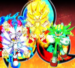 3boys animal_ears animal_nose artist_name fox_boy fox_ears fox_tail furry furry_male gloves green_fur hedgehog_boy highres kad_productions kitsune knuckles_the_echidna kyuubi looking_at_viewer multicolored_fur multicolored_shoes multiple_boys multiple_tails pointy_nose red_eyes red_shoes shoes short_tail soap_shoes sonic_(series) sonic_the_hedgehog spiked_gloves super_knuckles super_sonic super_tails tail tails_(sonic) two-tone_shoes white_fur white_gloves yellow_fur 