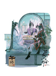  3boys ahoge artist_name black_boots black_hair black_hanfu boots chinese_clothes chinese_commentary chinese_text closed_eyes cup eating faux_traditional_media flower food full_body grey_pants hair_ribbon hanfu headband high_ponytail holding holding_cup holding_food holding_paper indoors jiang_cheng lan_wangji lattice long_hair long_sleeves looking_at_another male_focus modao_zushi multiple_boys pants paper parted_lips plant plate pointing ponytail potted_plant profile purple_hanfu red_ribbon ribbon richu_de_xiao_taiyang robe round_window seal_impression seiza sidelocks sitting smile socks table talking teacup topknot very_long_hair watercolor_effect wei_wuxian white_background white_flower white_hanfu white_headband wide_sleeves window xiao_guan_(headdress) 