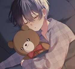  1boy aged_down aoyagi_touya blue_hair bow child closed_eyes hair_between_eyes highres holding holding_stuffed_toy long_sleeves male_focus mole mole_under_eye multicolored_hair pajamas parted_lips pillow project_sekai red_bow short_hair sleeping solo split-color_hair stuffed_animal stuffed_toy teddy_bear two-tone_hair v_prsk 