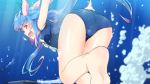  ass barefoot blue_hair breasts fang from_behind hair_ornament hair_ribbon i-19_(kantai_collection) kantai_collection large_breasts long_hair looking_back red_eyes ribbon school_swimsuit smile swimsuit torpedo twintails underwater yuto 