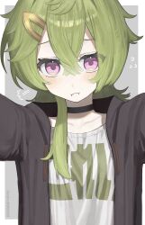  1girl :i alternate_costume artist_name black_choker black_jacket blush border choker closed_mouth collarbone collei_(genshin_impact) commentary_request crossed_bangs flying_sweatdrops frown genshin_impact green_hair grey_background hair_between_eyes hair_ornament hairpin highres jacket long_hair looking_at_viewer outside_border puff_of_air reaching reaching_towards_viewer shirt simple_background solo tanururi twitter_username upper_body violet_eyes white_border white_shirt 