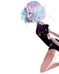 1other backlighting blue_hair diamond_(houseki_no_kuni) elbow_gloves gloves houseki_no_kuni puffy_short_sleeves puffy_sleeves short_hair short_sleeves side solo sunameri_oishii thigh-highs white_background white_legwear