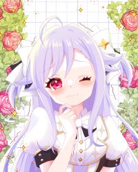  1girl absurdres ahoge anjou_seira blue_flower blue_rose blush closed_mouth commission condom condom_wrapper fence flower garden green_flower highres holding holding_flower long_hair niizuma_yae one_eye_closed orange_flower petals pink_flower pink_rose pixiv_commission plant puffy_short_sleeves puffy_sleeves purple_flower purple_hair purple_rose red_eyes red_flower red_rose rose rose_petals short_sleeves solo sparkle spoken_squiggle squiggle star_(symbol) tears tickling tulip vase vines white_flower white_rose world_dai_star yellow_flower yellow_rose 