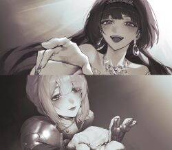  2bmm2 2girls absurdres alternate_costume armor armored_gloves astra_yao bare_shoulders black_hair blonde_hair blush commentary_request earrings evelyn_chevalier eyes_visible_through_hair fingernails gold_hairband hairband half-closed_eyes highres jewelry knight long_hair mole mole_under_eye multiple_girls nail_polish necklace offering_hand open_mouth uneven_bangs upper_body yuri zenless_zone_zero 