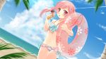  1girl beach bikini food highres ice_cream ifnil innertube original pink_eyes pink_hair spill swimsuit twintails 