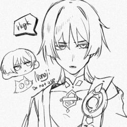  1boy :&lt; artist_name blunt_ends bodysuit cape cat covered_collarbone disembodied_head gem genshin_impact greyscale japanese_clothes kimono looking_at_viewer male_focus mandarin_collar monochrome nonoji_(nonoji_ekaki) scaramouche_(cat)_(genshin_impact) scaramouche_(genshin_impact) sketch solo speech_bubble straight-on tsurime vision_(genshin_impact) wanderer_(genshin_impact) white_background wispy_bangs 