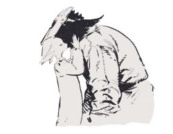  1boy 1girl body_fur closed_eyes commentary_request cowboy_shot dress furry furry_female furry_male greyscale hands_on_another's_face monochrome nagabe original simple_background welding_mask white_background 