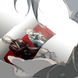  2boys blade_(honkai:_star_rail) chinese_clothes crossed_arms hair_between_eyes highres holding holding_photo honkai:_star_rail honkai_(series) jing_yuan long_hair male_focus mississipping multiple_boys photo_(object) photo_inset simple_background sitting white_hair yingxing_(honkai:_star_rail) 