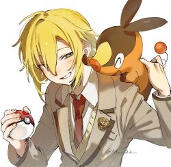  1boy ^_^ blonde_hair closed_eyes collared_shirt crossover green_eyes grey_jacket grin highres holding holding_poke_ball jacket long_sleeves male_focus necktie ni_22 nijisanji open_mouth poke_ball poke_ball_(basic) pokemon pokemon_(creature) red_necktie shirt simple_background smile sweater_vest tepig twitter_username upper_body uzuki_kou uzuki_kou_(3rd_costume) virtual_youtuber white_background white_shirt 