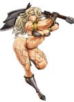  1girl amazon_(dragon&#039;s_crown) axe blonde_hair blue_hair boots breasts dragon&#039;s_crown feathers hair_feathers long_hair muscle simple_background solo tattoo toned weapon white_background zunta 