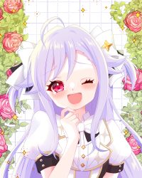  1girl absurdres ahoge anjou_seira blue_flower blue_rose blush commission condom condom_wrapper flower green_flower hat highres holding holding_flower long_hair niizuma_yae one_eye_closed open_mouth orange_flower petals pink_flower pink_rose pixiv_commission plant puffy_short_sleeves puffy_sleeves purple_flower purple_hair purple_rose red_flower red_rose rose rose_petals short_sleeves smile solo sparkle star_(symbol) tears thorns tickling tulip upper_body vines white_flower white_rose world_dai_star yellow_flower yellow_rose 