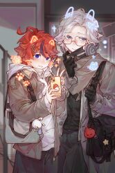  2boys absurdres ahoge alternate_costume aotsuki_eito bag black_bag black_gloves black_pants black_shirt black_streaks blue_eyes cellphone character_charm charm_(object) chinese_commentary commentary_request drawn_bow drawn_ears drawn_whiskers glasses gloves grey_bag grey_hair grey_jacket grey_scarf hair_ornament hairclip highres holding holding_phone jacket jacket_over_hoodie looking_at_viewer male_focus mask mask_pull mouth_mask multicolored_hair multiple_boys open_clothes open_jacket pants paw_print phone red_hair ringed_eyes scarf selfie shirt short_hair shoulder_bag smartphone smile streaked_hair sumino_takumi the_hundred_line_-last_defense_academy- v variant_set violet_eyes waiaaaaaaa 
