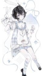  1girl absurdres animal_ears black_hair black_shoes blue_bow blue_ribbon bow bowtie cake dress food frills full_body gloves grey_eyes hair_between_eyes heilanshuimuchu highres kneehighs original puffy_short_sleeves puffy_sleeves rabbit rabbit_ears ribbon shoes short_hair short_sleeves simple_background socks solo striped_clothes striped_socks striped_thighhighs stuffed_animal stuffed_rabbit stuffed_toy thigh-highs white_background white_dress white_gloves wrist_cuffs 