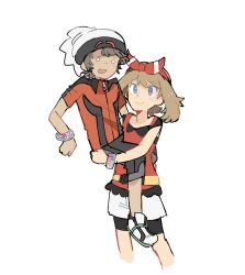  1boy 1girl ashke1chum bike_shorts bike_shorts_under_shorts black_shorts blank_eyes blue_eyes bow bow_hairband bracelet brendan_(pokemon) brown_hair carrying carrying_person closed_mouth english_commentary hair_bow hairband hat highres jewelry may_(pokemon) mega_stone open_mouth pokemon pokemon_oras red_bow red_hairband red_shirt shirt short_sleeves shorts sleeveless sleeveless_shirt white_background white_hat white_shorts 