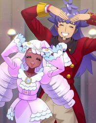  1boy 1girl :d arms_up ascot blurry blurry_background buttons closed_eyes collarbone commentary_request dark-skinned_female dark_skin dress dynamax_band eyelashes facial_hair facing_viewer gloves grin highres jacinthe_(pokemon) jacket leon_(pokemon) long_hair long_sleeves matatabi_yoshizou open_mouth pants pokemon pokemon_legends:_z-a pokemon_swsh purple_hair red_jacket smile tailcoat teeth twintails upper_teeth_only white_ascot white_gloves 
