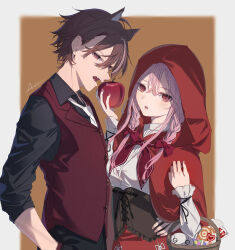  1boy 1girl 1other a-tora alternate_costume alternate_hairstyle animal_ears apple basket biting black_shirt braid brown_background brown_eyes brown_hair candy capelet cloak commentary cosplay fangs food fruit fyu-neru guilty_crown hand_in_pocket highres holding holding_basket holding_food holding_fruit hood hood_up hooded_cloak kemonomimi_mode lapels little_red_riding_hood_(fairy_tale_character) little_red_riding_hood_(fairy_tale_character)_(cosplay) long_bangs long_sleeves looking_at_viewer necktie objectification ouma_shuu outside_border picnic_basket pink_hair red_capelet red_cloak red_eyes red_hood shirt signature simple_background sleeves_rolled_up twin_braids vest waistcoat white_necktie wolf_boy wolf_ears wrapped_candy yuzuriha_inori 