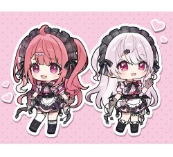  1pinpon 2girls :d ahoge apron asymmetrical_legwear bat_wings black_boots black_headdress black_ribbon black_skirt black_wings blush boots cafe_cutemare_uniform chibi commentary_request demon_tail dot_nose drop_shadow fang frilled_apron frilled_shirt frilled_skirt frilled_socks frilled_thigh_strap frills garter_straps glove_bow gloves grey_gloves hair_ornament hairclip hand_up heart heart_hair_ornament highres layered_skirt letterboxed long_hair looking_at_viewer maid maid_headdress mini_wings miniskirt mole mole_under_eye multicolored_hair multiple_girls name_tag neck_ribbon nijisanji outline pink_background pink_hair pink_shirt pink_skirt polka_dot polka_dot_background puffy_short_sleeves puffy_sleeves ribbon sasaki_saku shiina_yuika shin_strap shirt shirt_tucked_in short_sleeves single_thighhigh skirt smile socks sparkling_eyes standing streaked_hair tail thigh-highs thigh_strap two-tone_hair two_side_up uneven_legwear very_long_hair violet_eyes virtual_youtuber waist_apron white_apron white_hair white_outline white_socks white_thighhighs wings 