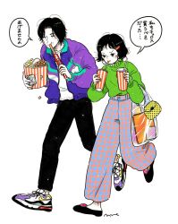  1boy 1girl bag black_eyes black_hair black_pants black_shoes blush churro colored_skin commentary cup disposable_cup drink drinking eating emamemamo33 fingernails flats food full_body green_sweater grid hair_ornament hairclip handbag highres holding holding_drink holding_food iridescent_hair jacket long_sleeves nail_polish nike_(company) original pants polka_dot popcorn purple_jacket see-through_bag shirt shoes short_hair signature simple_background sneakers speech_bubble sweater turtleneck turtleneck_sweater walking white_shirt white_skin wide-leg_pants yellow_nails 