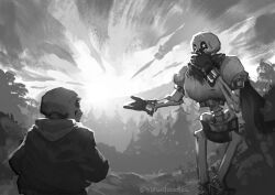  2025 2boys 2d armor artist_name brothers cape commentary covering_mouth digital_media duo english_commentary gloves greyscale hands_in_pockets height_difference hollow_eyes hood hood_down hooded_jacket humanoid inktober jacket male male_focus male_only mewpet monochrome monster monster_boy multiple_boys outdoors outstretched_arm papyrus_(undertale) sans_(undertale) shirt shorts siblings skeleton sky standing star-shaped_pupils symbol-shaped_pupils tears teeth undead undertale utdr_(toby_fox) white_shirt 