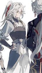  2boys age_difference age_progression aged_down armor blade_(honkai:_star_rail) chinese_clothes crossed_arms grey_hair hair_between_eyes hair_ornament hair_over_one_eye hair_ribbon hand_on_own_hip high_ponytail highres holding honkai:_star_rail honkai_(series) jing_yuan long_hair long_sleeves looking_at_another low_ponytail male_focus mississipping multiple_boys multiple_views ponytail red_ribbon ribbon simple_background tassel white_hair yellow_eyes 