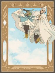  1boy 1girl age_difference black_leggings boots brown_boots brushbuddy clouds cloudy_sky excited flying glasses green_hair hat hat_tassel highres leggings magic nakialli open_mouth picture_frame qifrey&#039;s_atelier_apprentice_uniform qifrey_(tongari_boushi_no_atelier) short_hair sigil sky teacher teacher_and_student teeth tongari_boushi_no_atelier upper_teeth_only white_hair 