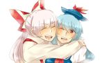  2girls blue_hair friends fujiwara_no_mokou hair_ribbon happy hat hug kamishirasawa_keine multiple_girls ribbon silver_hair smile tohobiyori touhou white_background wink 