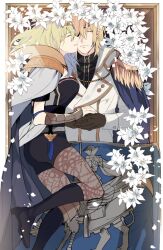  1boy 1girl black_boots black_jacket black_shorts blonde_hair boots breasts brown_gloves brown_pantyhose cape closed_eyes coat coffin corpse dagger death dimitri_alexandre_blaiddyd dimitri_alexandre_blaiddyd_(timeskip) eyepatch female_byleth_(awakened)_(fire_emblem) female_byleth_(enlightened_one)_(fire_emblem) female_byleth_(fire_emblem) fire_emblem fire_emblem:_three_houses flower gloves green_hair jacket kiss knee_boots knife llldmlslll lying medium_breasts medium_hair official_alternate_costume on_back on_side pantyhose short_hair shorts weapon white_cape white_coat 