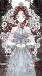  1girl armlet bare_shoulders crown dress flower grey_hair hair_ornament heilanshuimuchu highres interlocked_fingers jewelry long_hair looking_at_viewer original own_hands_clasped own_hands_together parted_bangs red_flower red_hair sleeveless sleeveless_dress solo white_dress white_flower 