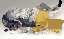  2boys age_difference aged_down blade_(honkai:_star_rail) book cat grey_hair holding holding_book honkai:_star_rail honkai_(series) jing_yuan long_hair lying lying_on_person male_focus mississipping multiple_boys on_back on_stomach pants simple_background sleeping white_hair 
