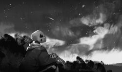  1boy 2025 2d artist_name commentary digital_media english_commentary greyscale hood hood_down hooded_jacket humanoid inktober jacket looking_up male male_focus male_only mewpet monochrome monster monster_boy open_clothes open_jacket outdoors sans_(undertale) shirt shorts sitting skeleton sky solo striped_shorts teeth undead undertale utdr_(toby_fox) vertical-striped_clothes vertical-striped_shorts white_shirt 