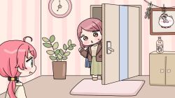  2girls :d ahoge bag black_bow blush_stickers bow brown_eyes brown_hair brown_jacket brown_shirt brown_socks carpet chibi clock commentary_request green_eyes green_skirt hair_bow head_tilt highres hololive indoors jacket long_hair long_sleeves low_twintails mochimiko mother_and_daughter multiple_girls no_shoes open_clothes open_door open_jacket parted_lips pink_hair plant potted_plant puffy_long_sleeves puffy_sleeves sakura_miko shirt skirt small_sweatdrop smile socks sweat swept_bangs twintails very_long_hair virtual_youtuber wall_clock white_shirt 